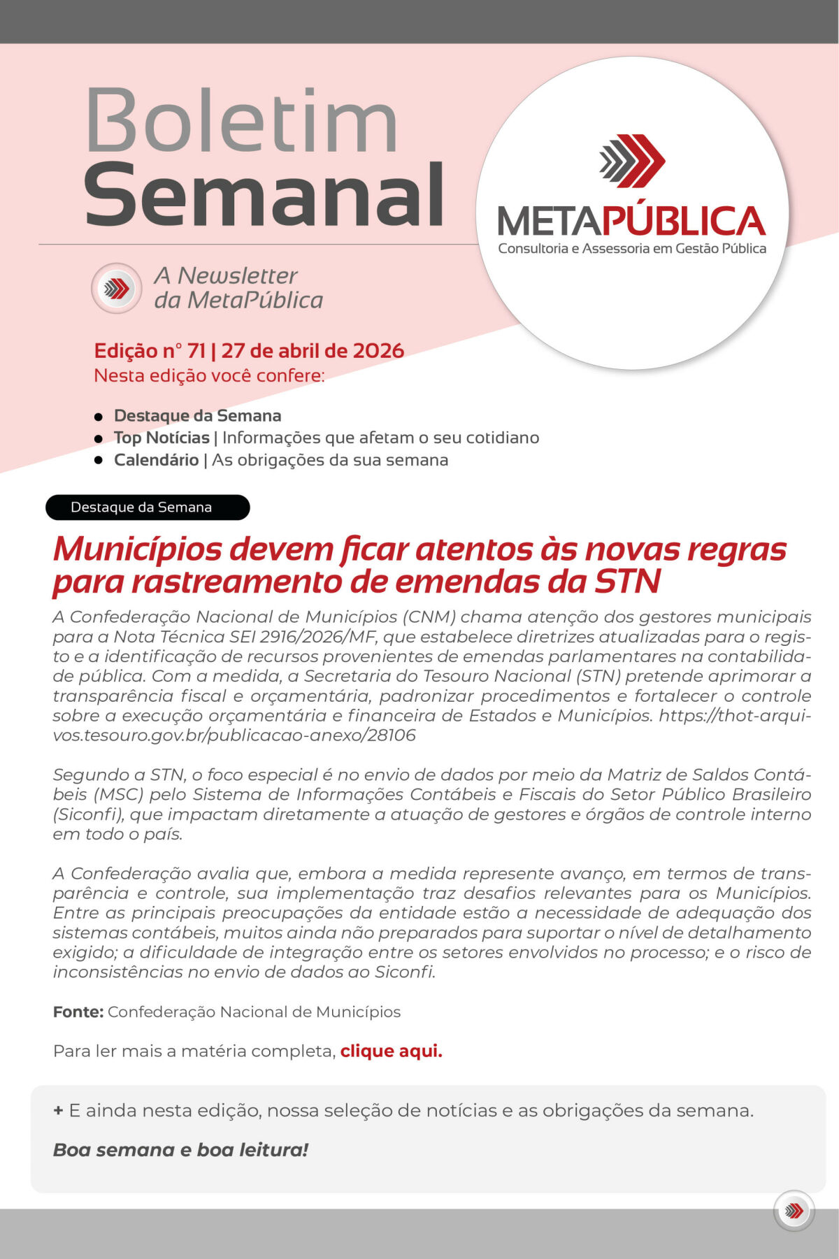 Imagem principal de BOLETIM SEMANAL Nº 71 - 27 DE ABRIL DE 2026
